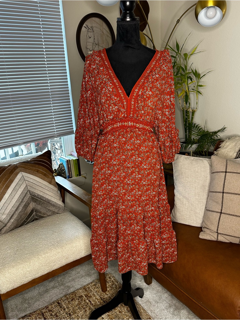 Max Studio Red Floral V-Neck Tiered Midi Dress